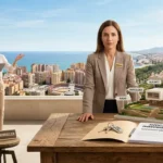 Avocate immobilière espagnole vérifiant un contrat d'achat sécurisé avec vue sur Malaga et Barcelone, illustrant le rôle du chasseur immobilier et la sécurité juridique en Espagne.
