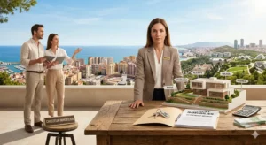 Avocate immobilière espagnole vérifiant un contrat d'achat sécurisé avec vue sur Malaga et Barcelone, illustrant le rôle du chasseur immobilier et la sécurité juridique en Espagne.