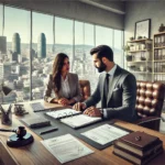 Un bureau d'avocat moderne à Barcelone avec vue sur la ville, des dossiers juridiques et des contrats immobiliers sur un bureau en bois élégant. Un av