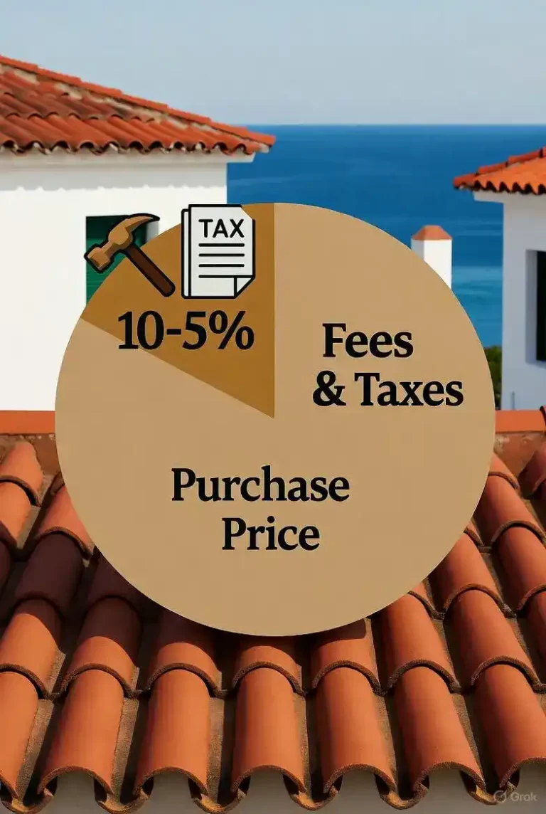 Graphique illustrant les frais d'achat immobilier en Espagne : Le prix du bien (85-90%) et les taxes annexes (ITP/TVA, notaire, enregistrement) (10-15%) sur fond de paysage espagnol