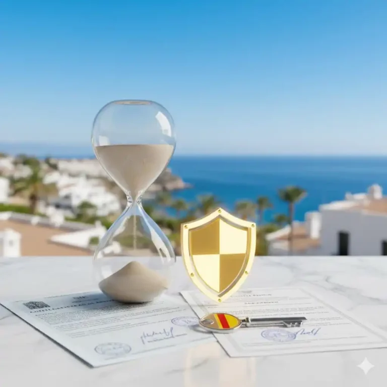 Un sablier avec du sable s'écoulant rapidement, superposé à des documents légaux espagnols (NIE, contrats), une clé de maison et un symbole de bouclier, le tout sur fond de la côte espagnole, illustrant un achat immobilier rapide et sécurisé en Espagne.