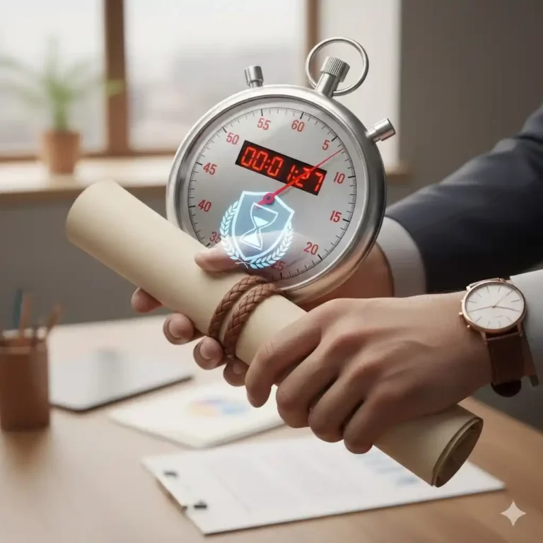 Un chronomètre superposé à des mains serrant un contrat sécurisé (sablier/bouclier)