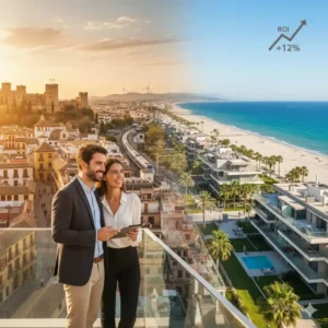 Couple d'investisseurs souriants sur un rooftop avec vue panoramique sur la côte espagnole au coucher du soleil, mêlant ville historique, plage et immeubles modernes. Flèche de croissance de l'investissement.