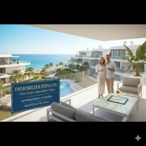 Couple souriant sur la terrasse d'un appartement neuf en Espagne avec vue mer ; Panneau "Immobilier Espagne - Votre Expert Côtier - Appartements à Vendre" et carte interactive de localisation.