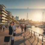Vue panoramique du port et du Muelle Uno à Malaga, Espagne, au coucher du soleil, symbolisant l'investissement immobilier côtier.