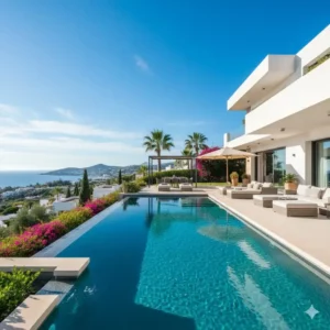 Belle villa avec piscine illustrant les avantages d'acheter un bien immobilier en Espagne.