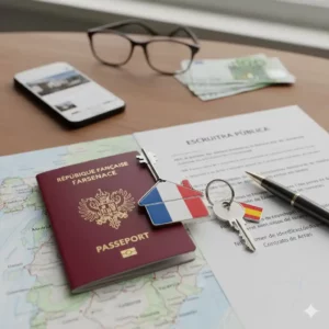 Carte d'identité française posée à côté d'une clé de maison sur une carte de l'Espagne, symbolisant le processus d'achat immobilier par un Français en tant que non-résident.