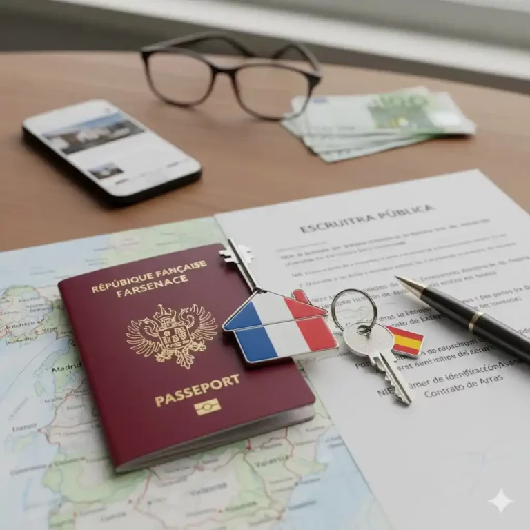 Carte d'identité française posée à côté d'une clé de maison sur une carte de l'Espagne, symbolisant le processus d'achat immobilier par un Français en tant que non-résident.