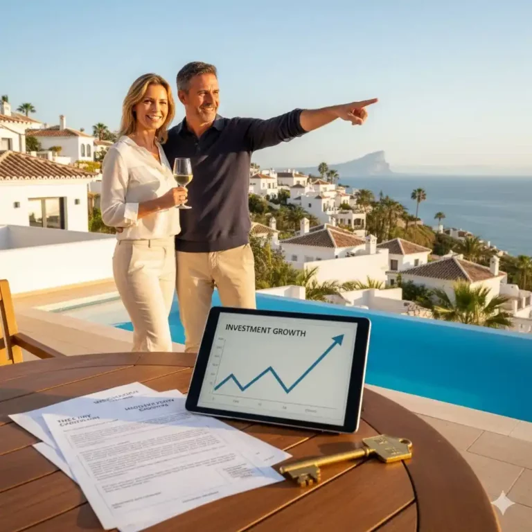 Achat immobilier Espagne non-résident, couple regardant la mer Méditerranée depuis une villa de luxe avec piscine, documents d'achat, clé dorée et tablette affichant la croissance de l'investissement.