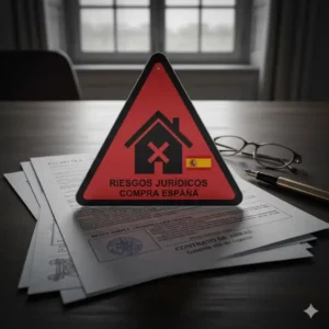 Un panneau d'avertissement rouge triangulaire avec une maison au centre, superposé à des documents légaux espagnols, symbolisant les risques et les pièges juridiques à éviter lors de l'achat immobilier en Espagne.