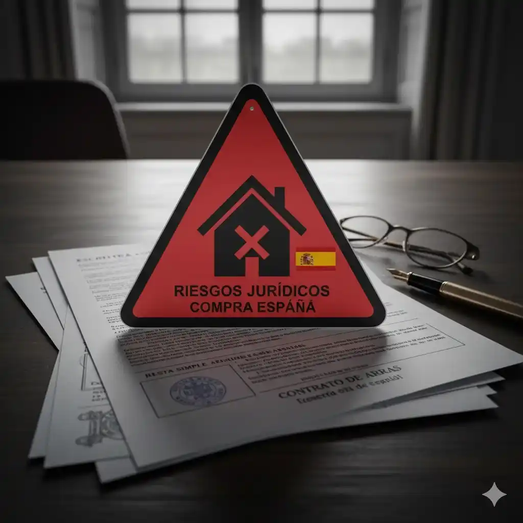 Un panneau d'avertissement rouge triangulaire avec une maison au centre, superposé à des documents légaux espagnols, symbolisant les risques et les pièges juridiques à éviter lors de l'achat immobilier en Espagne.