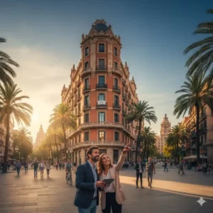 Couple souriant d'investisseurs observant un immeuble haussmannien moderniste à l'Eixample, Barcelone, au coucher du soleil. Des palmiers et des passants animent la rue.