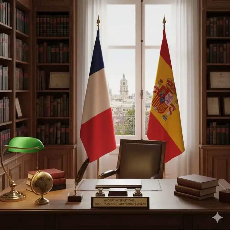 Un bureau d'avocat avec les drapeaux français et espagnol, symbolisant un avocat transfrontalier expert des deux pays.