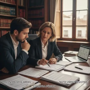 Une personne consultant un avocat devant un bureau rempli de documents espagnols (contrat d'arras, escritura pública, nota simple), mettant en évidence l'importance du conseil juridique pour un achat immobilier en Espagne. Une personne consultant un avocat devant un bureau rempli de documents espagnols (contrat d'arras, escritura pública, nota simple), mettant en évidence l'importance du conseil juridique pour un achat immobilier en Espagne.