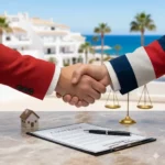 Un avocat francophone en Espagne, symbolisé par deux mains (une avec un drapeau espagnol et l'autre avec un drapeau français) serrant un stylo sur un contrat, avec des icônes de maison et de balance de justice en arrière-plan et un paysage espagnol flou, représentant l'expertise juridique bilingue.