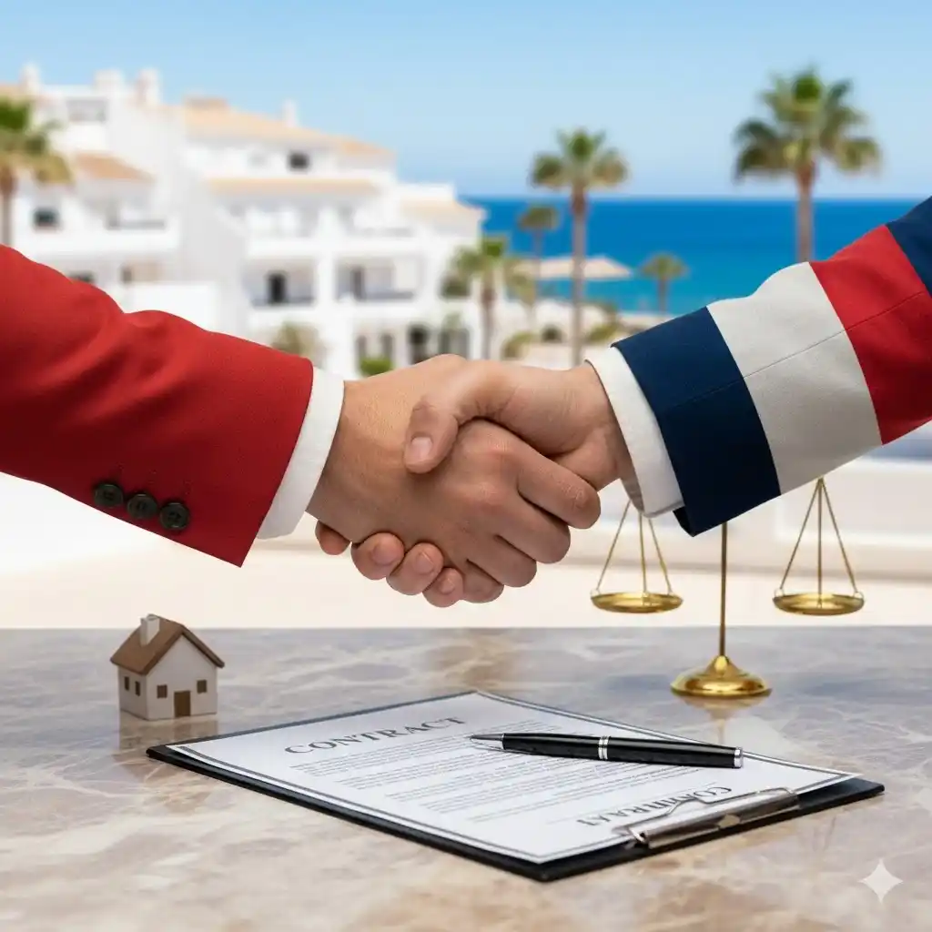 Un avocat francophone en Espagne, symbolisé par deux mains (une avec un drapeau espagnol et l'autre avec un drapeau français) serrant un stylo sur un contrat, avec des icônes de maison et de balance de justice en arrière-plan et un paysage espagnol flou, représentant l'expertise juridique bilingue.