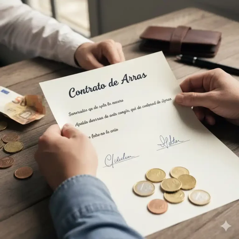 Deux mains tenant un document papier signé au stylo, avec un titre "Contrato de Arras" visible, sur une table avec des pièces de monnaie ou un billet de banque.