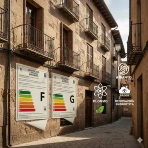 Un bâtiment ancien avec des étiquettes énergétiques (F ou G) superposées, à côté d'icônes représentant le plomb, l'amiante et le radon, symbolisant les futurs diagnostics obligatoires et les enjeux de rénovation énergétique en Espagne. Un bâtiment ancien avec des étiquettes énergétiques (F ou G) superposées, à côté d'icônes représentant le plomb, l'amiante et le radon, symbolisant les futurs diagnostics obligatoires et les enjeux de rénovation énergétique en Espagne.