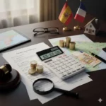 Image d'une calculatrice sur un contrat de vente avec des pièces de monnaie et les drapeaux espagnol et français