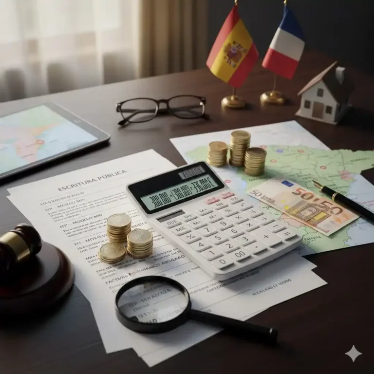 Image d'une calculatrice sur un contrat de vente avec des pièces de monnaie et les drapeaux espagnol et français