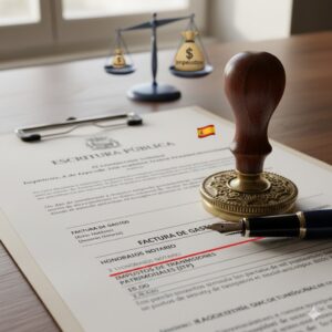 Une facture espagnole avec une balance comparant des sacs d'argent étiquetés "Notario" (faible) et "Impuestos" (élevé), symbolisant la différence entre les frais de notaire et les taxes d'achat immobilier en Espagne.