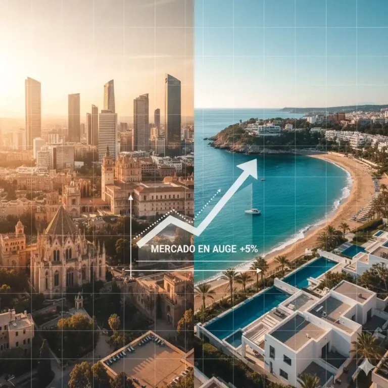 Vue combinée du marché immobilier espagnol : paysages urbains dynamiques et villas côtières, avec un graphique de croissance symbolisant l'évolution des prix en 2025.