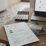 Gros plan sur un document NIE (Número de Identidad de Extranjero) posé sur un passeport, avec une carte de crédit et une calculatrice en arrière-plan flou, symbolisant les premières démarches administratives et financières pour acheter en Espagne.