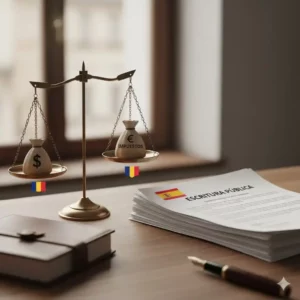 Balance de justice sur une table, avec une pile de documents officiels intitulés "Escritura Pública" et un drapeau espagnol, symbolisant l'impartialité et le rôle formel du Notaire espagnol, contrastant avec le rôle de protection du Notaire français.