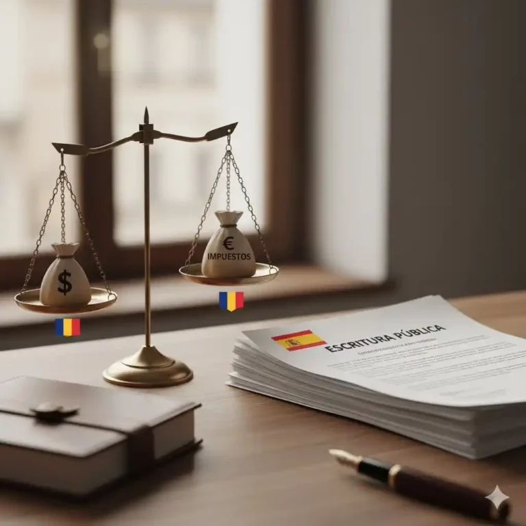 Balance de justice sur une table, avec une pile de documents officiels intitulés "Escritura Pública" et un drapeau espagnol, symbolisant l'impartialité et le rôle formel du Notaire espagnol, contrastant avec le rôle de protection du Notaire français.