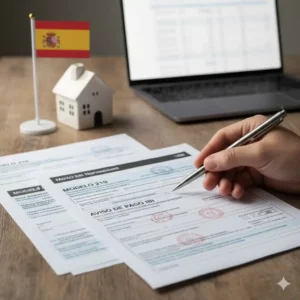 Une main pointant des formulaires fiscaux espagnols (comme le Modelo 210 pour l'IRNR et des avis d'IBI) sur une table, avec une petite maison et un drapeau espagnol en arrière-plan, illustrant les impôts annuels de propriété en Espagne. Une main pointant des formulaires fiscaux espagnols (comme le Modelo 210 pour l'IRNR et des avis d'IBI) sur une table, avec une petite maison et un drapeau espagnol en arrière-plan, illustrant les impôts annuels de propriété en Espagne.
