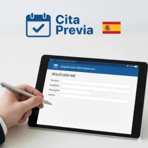 Illustration des étapes pour obtenir le NIE en Espagne : un écran avec des formulaires officiels (EX-15, 790), un calendrier pour la prise de rendez-vous (Cita Previa) et un passeport espagnol, symbolisant les démarches administratives officielles.