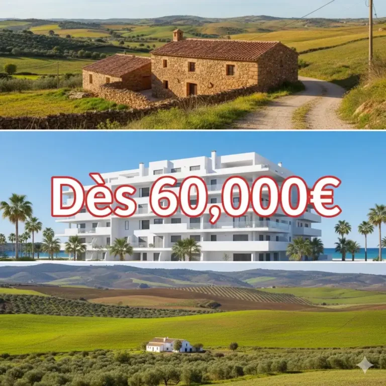 Un collage représentant divers types de propriétés abordables en Espagne : une maison de village rustique en Castille, un appartement moderne de petite taille à Murcie, et des zones rurales verdoyantes, avec un prix affiché "Dès 60.000€", symbolisant les opportunités d'achat immobilier économique.