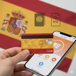 Gros plan sur une main tenant une carte bancaire espagnole devant un smartphone affichant une application bancaire, avec le drapeau espagnol et des symboles de documents (passeport, NIE) en arrière-plan flou, suggérant l'ouverture et la gestion facile d'un compte bancaire en Espagne pour un étranger.