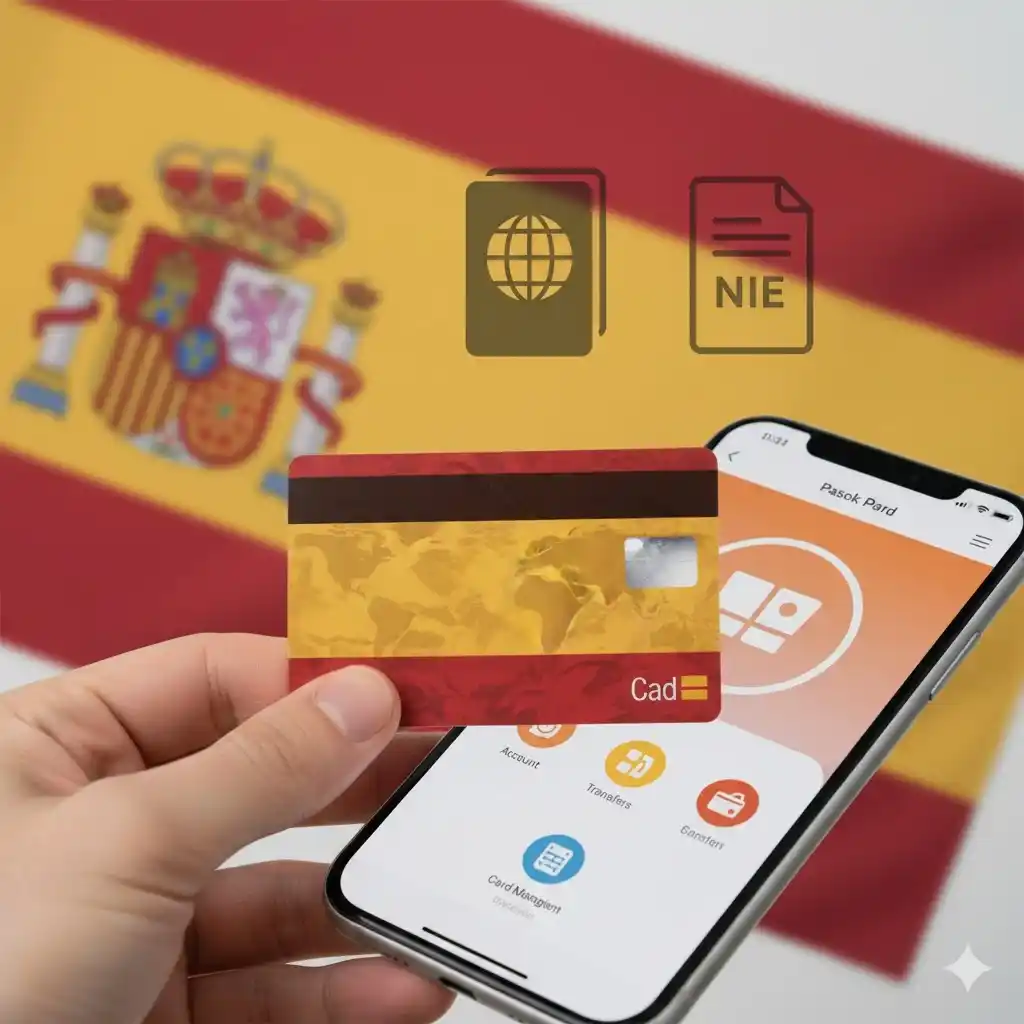Gros plan sur une main tenant une carte bancaire espagnole devant un smartphone affichant une application bancaire, avec le drapeau espagnol et des symboles de documents (passeport, NIE) en arrière-plan flou, suggérant l'ouverture et la gestion facile d'un compte bancaire en Espagne pour un étranger.