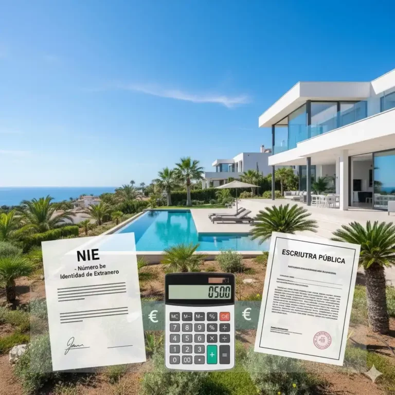 Vue d'une villa moderne avec piscine sur la côte espagnole sous un ciel bleu, avec des documents légaux espagnols (NIE, acte de vente) et une calculatrice en surimpression, symbolisant l'achat immobilier et la fiscalité en Espagne