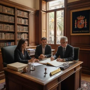 Un notaire espagnol officialise un acte notarial dans son bureau, entouré d'un avocat et de ses clients