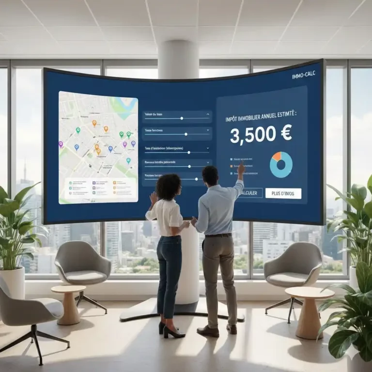 Interface moderne d'un simulateur de taxe immobilière affichée sur un grand écran incurvé, montrant un calcul estimé de 3 500 € avec une carte interactive et des curseurs de réglage