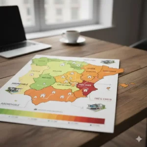 Une carte stylisée de l'Espagne avec des zones colorées indiquant des prix immobiliers différents (du plus abordable au plus cher) et des icônes de maisons, illustrant la diversité du marché et les opportunités d'achat selon les régions. Une carte stylisée de l'Espagne avec des zones colorées indiquant des prix immobiliers différents (du plus abordable au plus cher) et des icônes de maisons, illustrant la diversité du marché et les opportunités d'achat selon les régions.