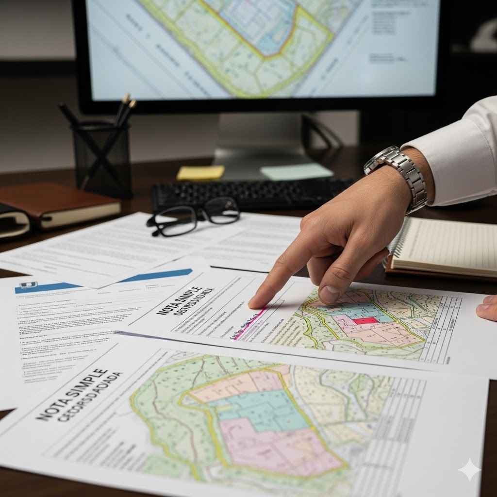 Avocat effectuant la Due Diligence : Analyse de la Nota Simple, du Cadastre et des documents d'urbanisme pour vérifier la légalité et l'absence de charges cachées d'un bien immobilier en Espagne.