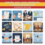 Infographie des 8 étapes pour acheter un bien immobilier en Espagne en 2026 pour les non-résidents. Inclut : obtention du NIE, démarches bancaires, rôle de l'avocat, sélection de villes, coûts, signature du Contrato de Arras, signature notariée, et post-achat (taxes et enregistrement).