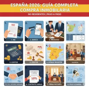 Infographie des 8 étapes pour acheter un bien immobilier en Espagne en 2026 pour les non-résidents. Inclut : obtention du NIE, démarches bancaires, rôle de l'avocat, sélection de villes, coûts, signature du Contrato de Arras, signature notariée, et post-achat (taxes et enregistrement).