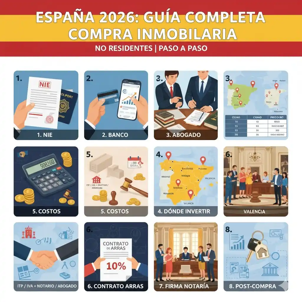 Infographie des 8 étapes pour acheter un bien immobilier en Espagne en 2026 pour les non-résidents. Inclut : obtention du NIE, démarches bancaires, rôle de l'avocat, sélection de villes, coûts, signature du Contrato de Arras, signature notariée, et post-achat (taxes et enregistrement).