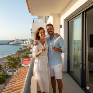 Remise des clés d'une propriété en Espagne par l'avocat francophone à un couple Belge heureux sur une terrasse avec vue sur la mer Méditerranée au coucher du soleil.