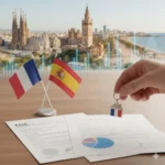Drapeau français et espagnol sur des documents juridiques (NIE, Escritura), une main tenant une clé de maison sur fond urbain de Barcelone et Séville.