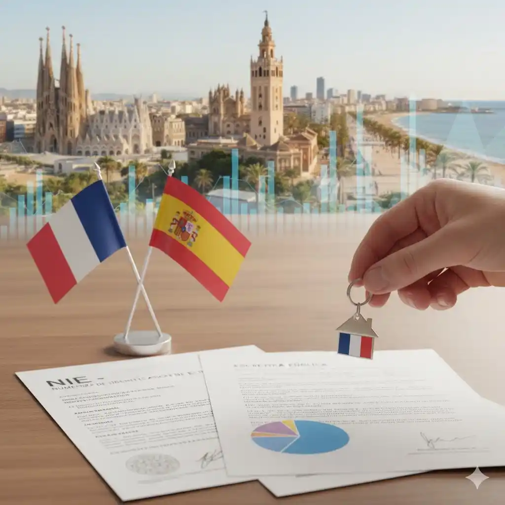 Drapeau français et espagnol sur des documents juridiques (NIE, Escritura), une main tenant une clé de maison sur fond urbain de Barcelone et Séville.
