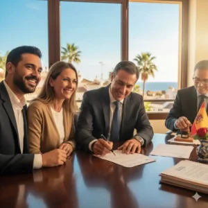 Acheteur francophone serein avec son avocat interprète lors de la signature d'un acte immobilier chez le notaire en Espagne, symbolisant la sécurité et la compréhension des documents légaux espagnols.