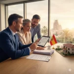 Avocat en Espagne parlant français expliquant un contrat immobilier à un couple, avec la Sagrada Familia en arrière-plan et un modèle de maison.