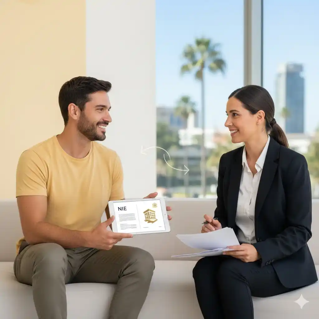 Client non-résident confiant échangeant avec son avocate francophone, illustrant la simplification des démarches pour obtenir le NIE et ouvrir un compte bancaire en Espagne à distance.