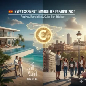Montage visuel représentant l'investissement immobilier en Espagne en 2025, avec une villa de luxe en bord de mer (Costa del Sol) et des graphiques de croissance à gauche, et un groupe de personnes devant des immeubles de ville (Séville) avec un panneau "Alquiler Larga Duración" et une tirelire cochon à droite. Une carte d'Espagne lumineuse avec un symbole Euro au centre relie les deux scènes, avec la bannière "INVESTISSEMENT IMMOBILIER ESPAGNE 2026".