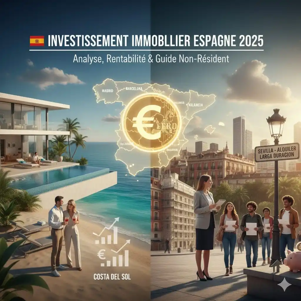 Montage visuel représentant l'investissement immobilier en Espagne en 2025, avec une villa de luxe en bord de mer (Costa del Sol) et des graphiques de croissance à gauche, et un groupe de personnes devant des immeubles de ville (Séville) avec un panneau "Alquiler Larga Duración" et une tirelire cochon à droite. Une carte d'Espagne lumineuse avec un symbole Euro au centre relie les deux scènes, avec la bannière "INVESTISSEMENT IMMOBILIER ESPAGNE 2026".